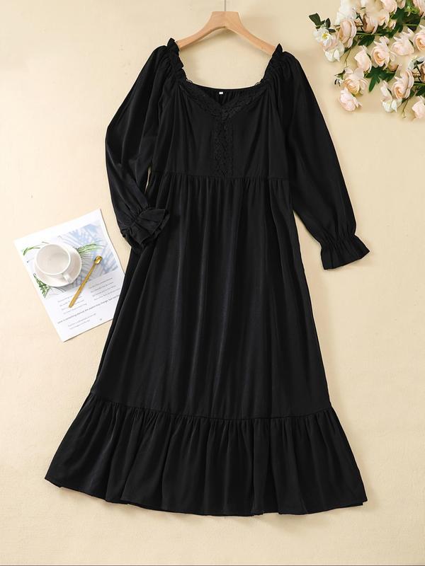 Women's Contrast Lace Ruched Frill Trim Ruffle Hem Flounce Sleeve Nightdress, Casual Sweetheart Neck Long Sleeve Nightgown for Summer, Fashion Comfy Ladies Sleepwear for Daily Wear