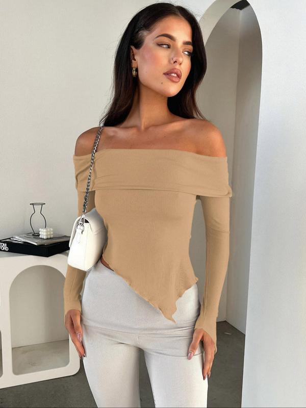 Women's Asymmetrical Hem Lettuce Trim Off Shoulder Tee, Solid Long Sleeve T-shirt for Spring, Fashion Casual Women's Top for Daily Wear