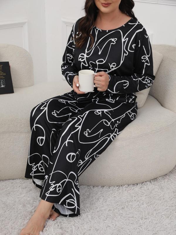 Plus Size Two-Piece Set Abstract Graphic Pyjama Set, Casual Comfy Long Sleeve Top & Trousers PJ Set for Home Wear, Women's Plus Size Sleepwear for Spring & Fall