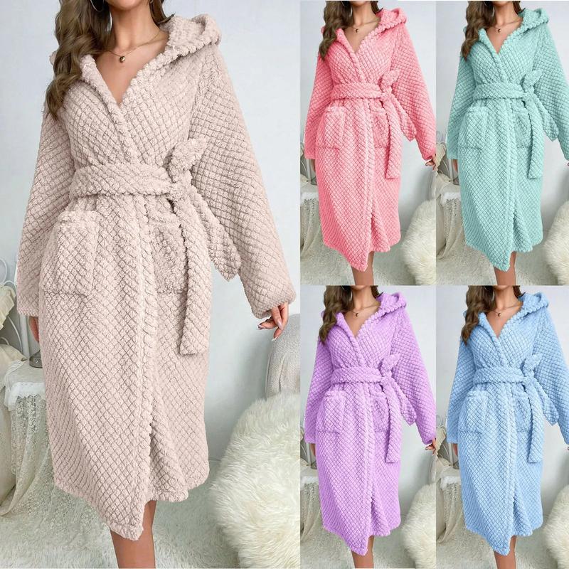 Plush Hooded Bathrobe for Women - Super Soft & Warm Coral Velvet! Water Absorbent, Thickened, Perfect for Home, Spa, or Nightwear! ?✨ lady homewear