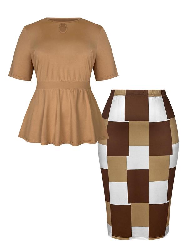  Two-Piece Set Solid Color Peplum Tee & Plaid Print Bodycon Skirt, Elegant Fashion Casual Cut Out Round Neck Top & Elastic Waist Skirt for Daily Outdoor Wear, Women's Outfits for All Seasons