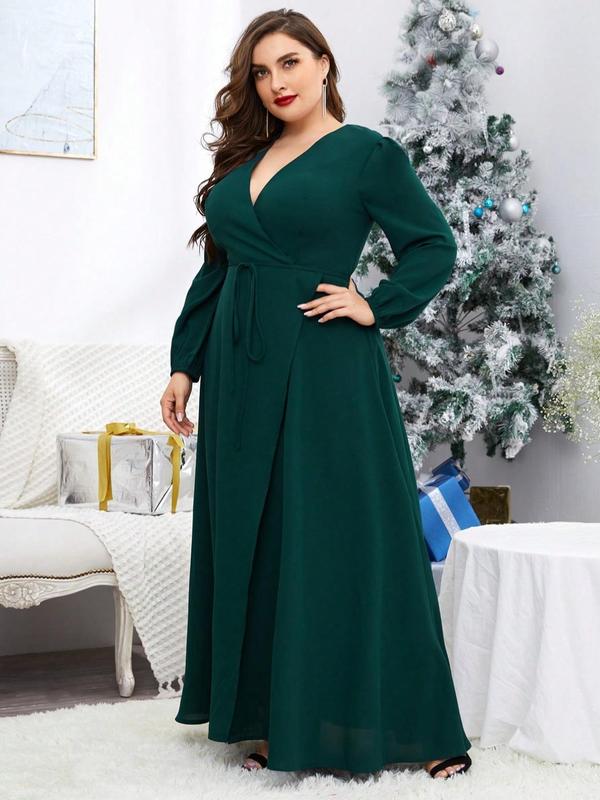  Plain Bishop Sleeve Split Thigh Dress, Elegant V Neck Long Sleeve Chiffon Dress for Party Wedding Guest, Women's Clothes for All Seasons