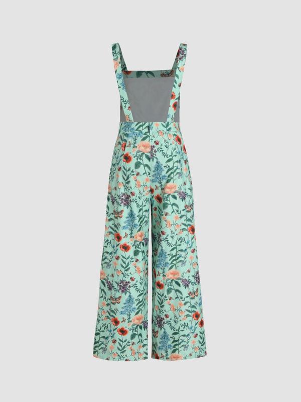  Floral Print Backless Cami Jumpsuit, Boho Sleeveless Wide Leg Jumpsuit for Beach Holiday Vacation, Overalls Jumpsuits, Women's Clothes for Summer