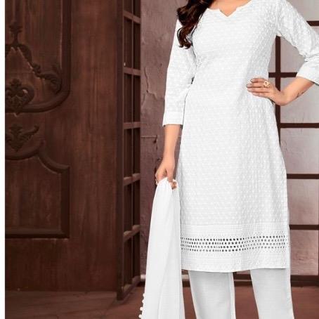 Plus Size White Rayon Chikankari Kurta with Pant and Dupatta Set Womenswear