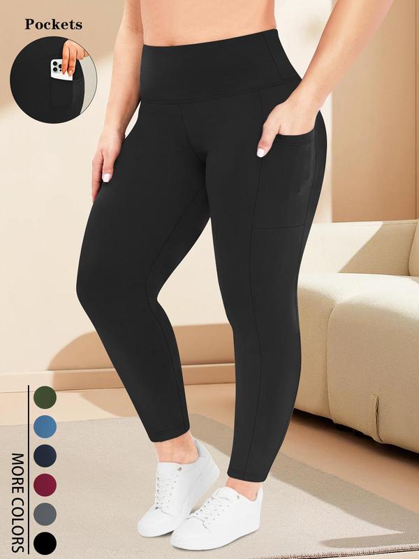  Solid High Waist Pocket Leggings, Casual Comfy High Stretch Skinny Pants for Women, Women's Bottoms for Fall & Winter