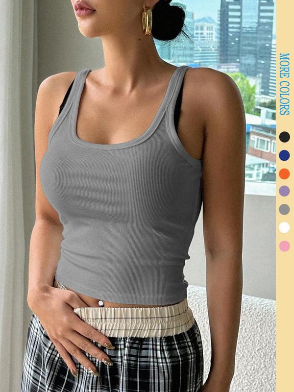 Women's Plain Square Neck Ribbed Crop Tank Top, Casual Sleeveless Cropped Top for Summer, Ladies Clothes for Daily Wear