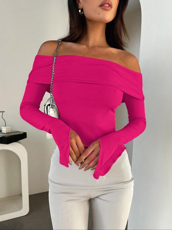 Women's Asymmetrical Hem Lettuce Trim Off Shoulder Tee, Solid Long Sleeve T-shirt for Spring, Fashion Casual Women's Top for Daily Wear