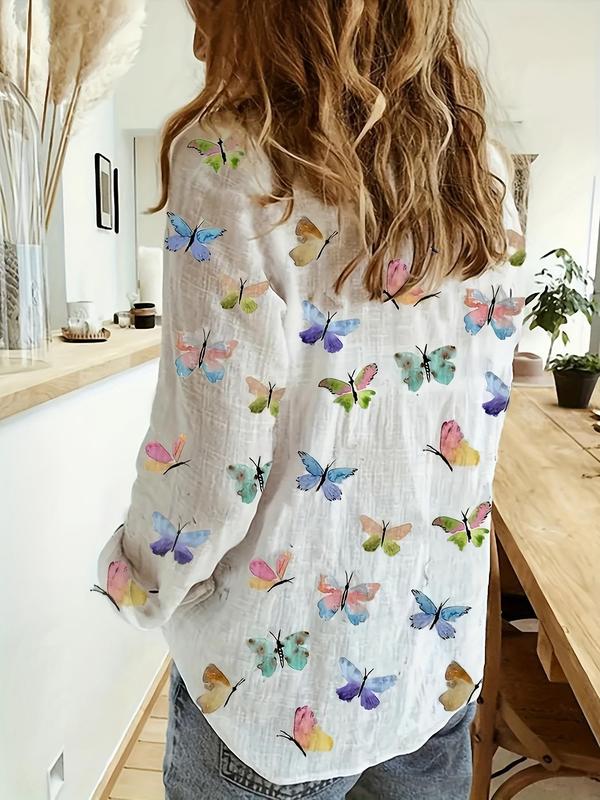 Women's Butterfly Print Button Front Blouse, Casual Long Sleeve Collared Top for Daily Wear, Going Out Tops, Ladies Clothes for All Seasons