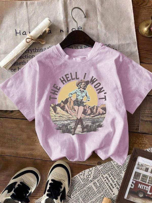 Women's Cartoon Cowgirl & Letter Print Round Neck Tee, Vintage Trendy Casual Short Sleeve T-shirt for Daily Wear, Ladies Summer Outfit