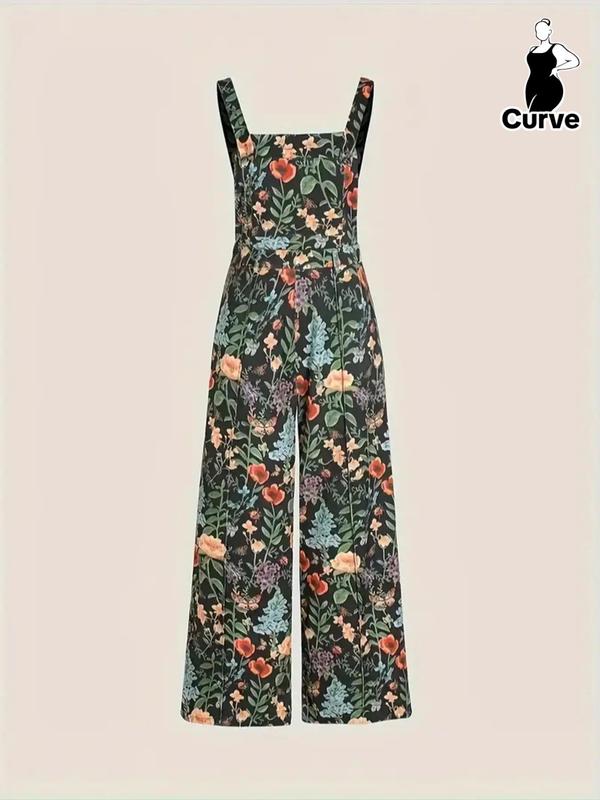  Floral Print Backless Cami Jumpsuit, Boho Sleeveless Wide Leg Jumpsuit for Beach Holiday Vacation, Overalls Jumpsuits, Women's Clothes for Summer