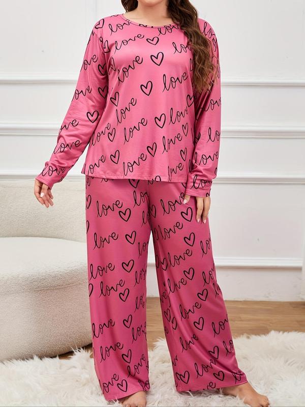  Heart & Letter Print Pyjama Two-Piece Set, Casual Comfy Round Neck Long Sleeve T-shirt & Trousers PJ Set, Women's Sleepwear for Spring & Fall