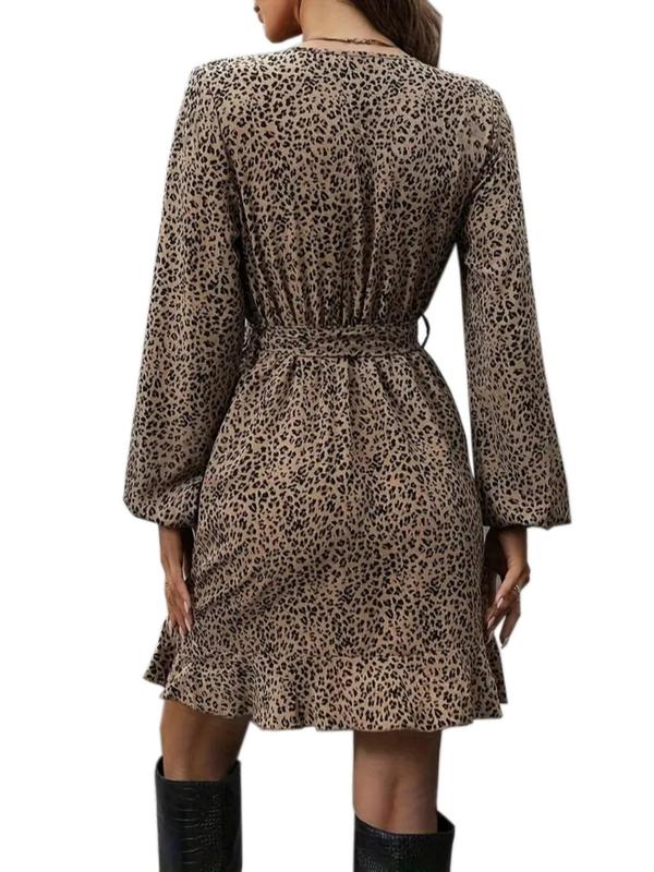 Women's Leopard Print Ruffle Trim Belted Wrap A Line Dress, Casual Bishop Sleeve V Neck Short Dress for Spring & Fall, Dresses for Women, Women's Clothes