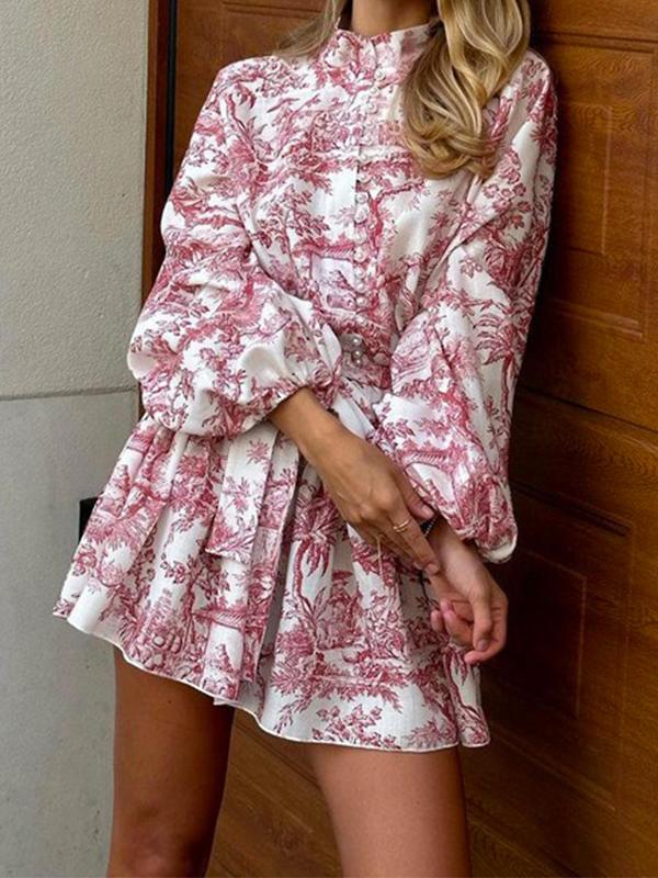 Women's All Over Print Belted Plicated A Line Dress, Casual Bishop Sleeve Short Dress for Daily Wear, Ladies Clothes for All Seasons