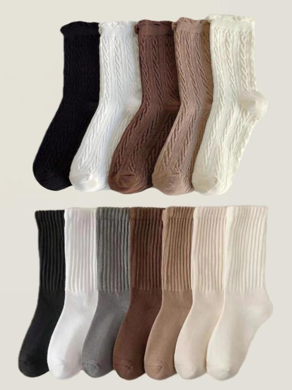 Women's Solid Braided Design Ribbed Crew Socks, Casual Comfortable Breathable Mid-calf Socks for Daily Wear, Women's Socks for All Seasons