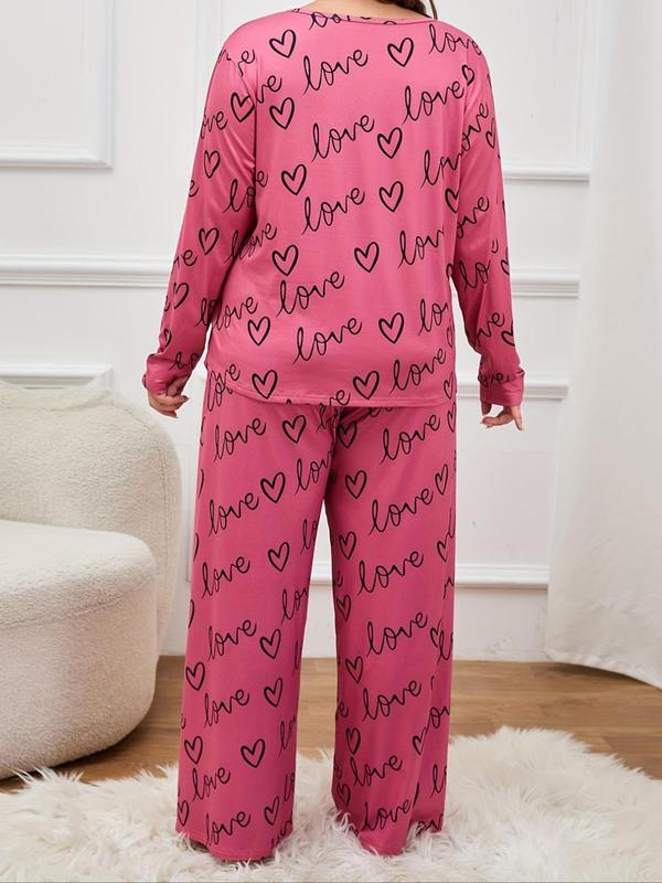  Heart & Letter Print Pyjama Two-Piece Set, Casual Comfy Round Neck Long Sleeve T-shirt & Trousers PJ Set, Women's Sleepwear for Spring & Fall