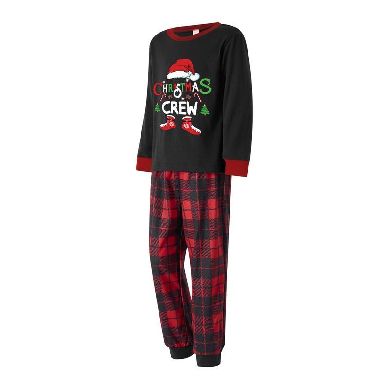 Christmas Family Pajamas Matching Set, Long Sleeve Letters Print T-shirt with Plaid Pants Sleepwear Loungewear