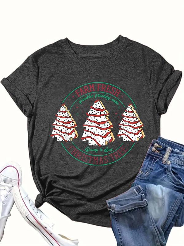  Cartoon Christmas Tree & Letter Print Round Neck Tee, Casual Short Sleeve Crew Neck T-Shirt for Summer, Women's Clothing for Daily Wear