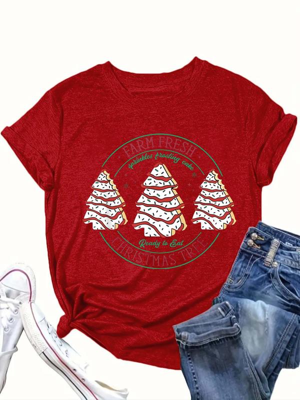  Cartoon Christmas Tree & Letter Print Round Neck Tee, Casual Short Sleeve Crew Neck T-Shirt for Summer, Women's Clothing for Daily Wear