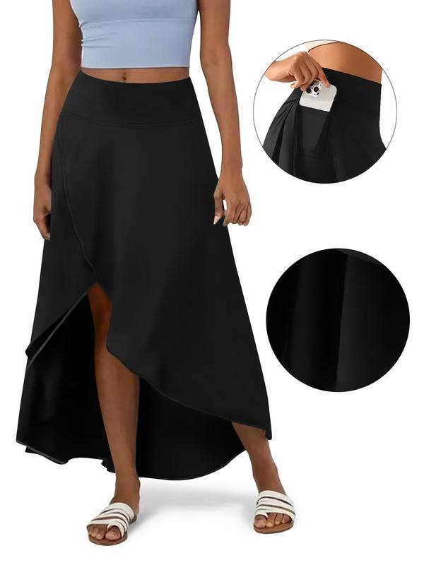 Women's Plain Pocket Split Hem Skirt, Casual Fashion Breathable Midi Skirt for Daily Wear, Ladies Bottoms for All Seasons