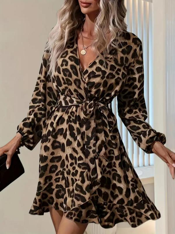 Women's Leopard Print Ruffle Trim Belted Wrap A Line Dress, Casual Bishop Sleeve V Neck Short Dress for Spring & Fall, Dresses for Women, Women's Clothes