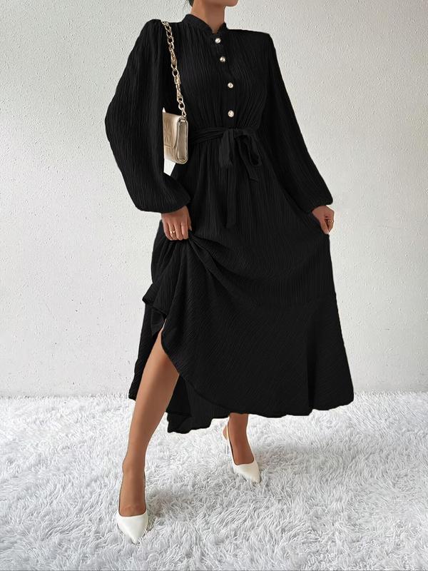 Plain Textured Belted Button Front Ruffle Hem Shirt Dress for Women, Elegant Bishop Sleeve Mock Neck A Line Long Dress for Spring & Fall for Daily Wear, Dresses for Women, Fall Outfits 2024,