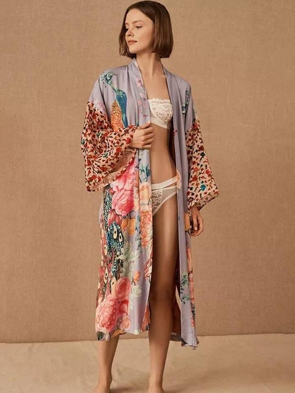 Fantasy Peacock Floral Boho Robe, boho long robe, bikini cover, bikini robe,