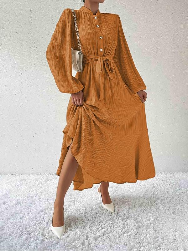 Plain Textured Belted Button Front Ruffle Hem Shirt Dress for Women, Elegant Bishop Sleeve Mock Neck A Line Long Dress for Spring & Fall for Daily Wear, Dresses for Women, Fall Outfits 2024,