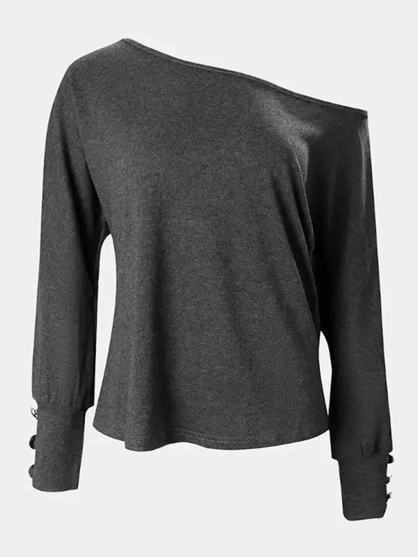 Women's Plain Cut Out Button Decor Asymmetrical Neck Tee, Casual Long Sleeve T-Shirt for Spring & Fall, Women's Top for Daily Wear