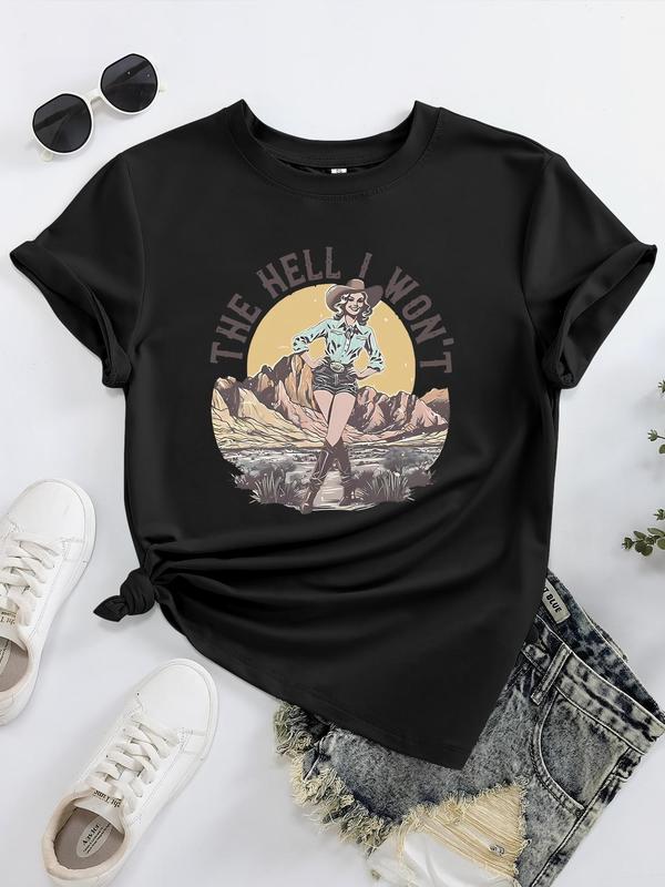 Women's Cartoon Cowgirl & Letter Print Round Neck Tee, Vintage Trendy Casual Short Sleeve T-shirt for Daily Wear, Ladies Summer Outfit