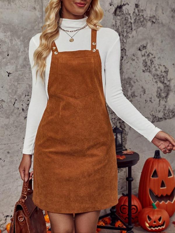 Women's Solid Pocket Corduroy Pinafore Dress, Casual Comfy Sleeveless Straps Short Dress for Fall, Ladies Fall Casual Wear Clothes for Daily, Wedding Guest Dress, Fall Outfits