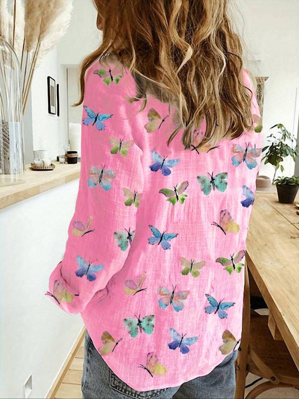 Women's Butterfly Print Button Front Blouse, Casual Long Sleeve Collared Top for Daily Wear, Going Out Tops, Ladies Clothes for All Seasons