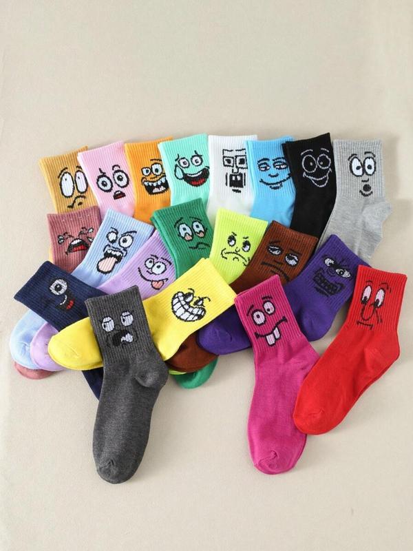 Random Color Women's Cartoon Face Print Mid-calf Socks, Casual Moisture Wicking Socks, Soft Comfy Breathable Socks for All Seasons Daily Wear