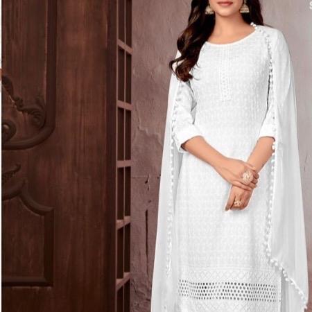 Plus Size White Rayon Chikankari Kurta with Pant and Dupatta Set Womenswear