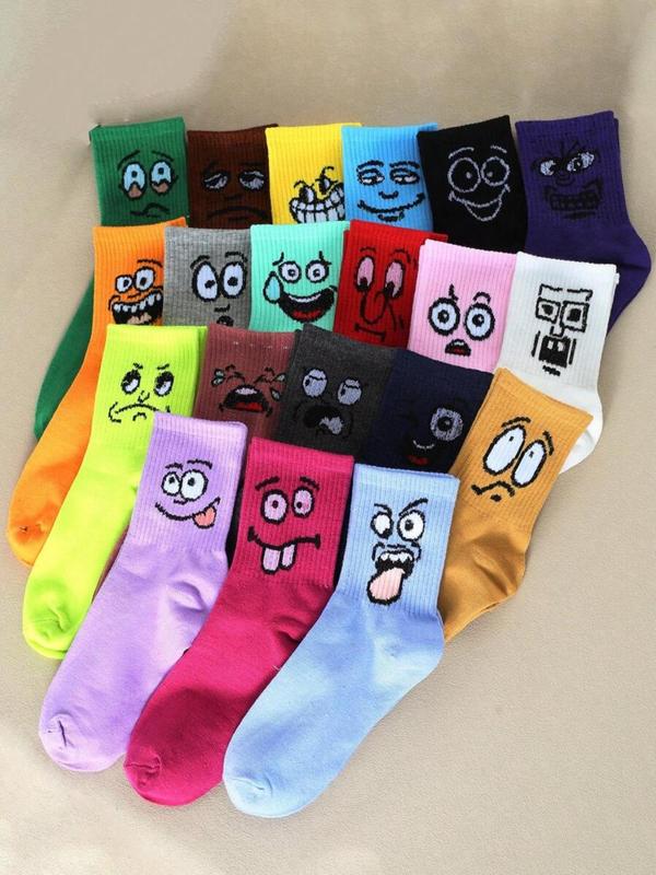 Random Color Women's Cartoon Face Print Mid-calf Socks, Casual Moisture Wicking Socks, Soft Comfy Breathable Socks for All Seasons Daily Wear