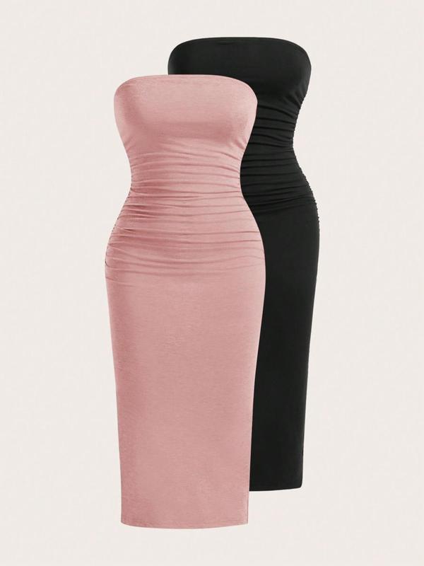 Women's Solid Ruched Split Hem Tube Dress, Casual Strapless Long Bodycon Dress for Summer, Ladies Clothes for Daily Wear