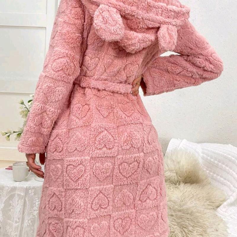 Women's Plush Hooded Robe with 3D Ear Design - Gowns, Womenswear Comfort Comfortable Cute Loungewear Nightwear Basic Long Sleeve Day