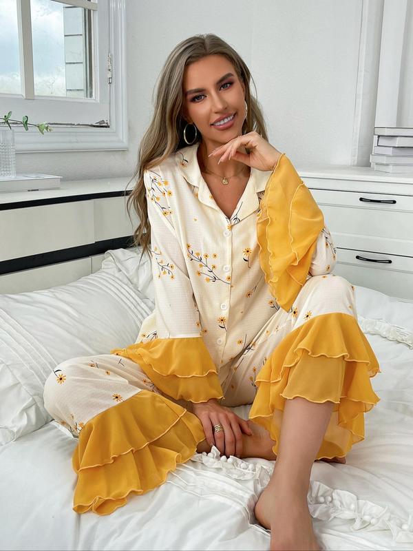 @ShopwithJulie Collection Women's Floral Print Ruffle Trim Loungewear Two-piece Set, Comfy Soft Lapel Layered Flared Sleeve Shirt & Tiered Layer Pants Lounge Sets, Pajama Sets Women, PJ Sets for Women, Comfortable Pajama Sets Women