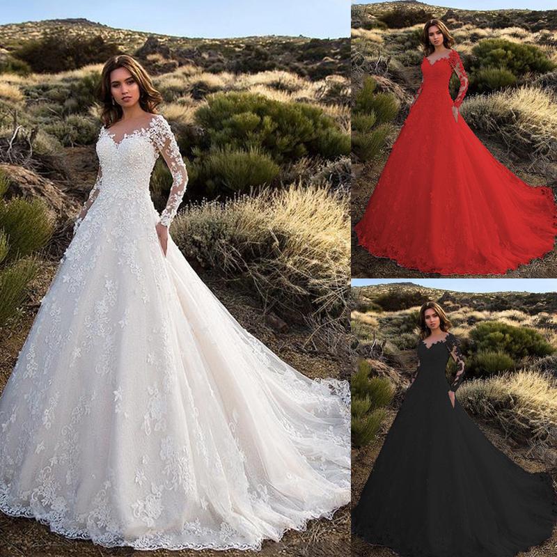 2024 New Arrival European and American Women's Clothing Dress Long Sleeve Solid Color See-through Lace Bridal Wedding Dress