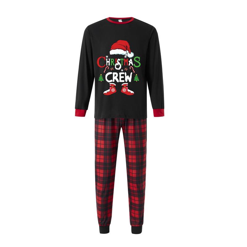 Christmas Family Pajamas Matching Set, Long Sleeve Letters Print T-shirt with Plaid Pants Sleepwear Loungewear