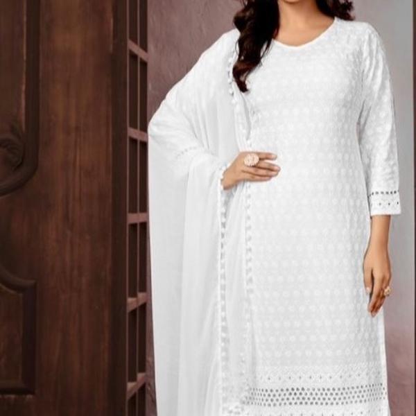 Plus Size White Rayon Chikankari Kurta with Pant and Dupatta Set Womenswear