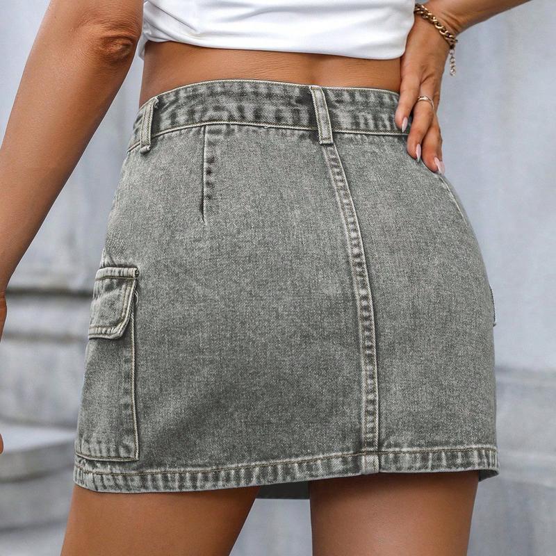 Women's Denim Bodycon Short Skirts Solid Color Multi-Pockets Summer Package Hip Mini Skirts Cotton Womenswear