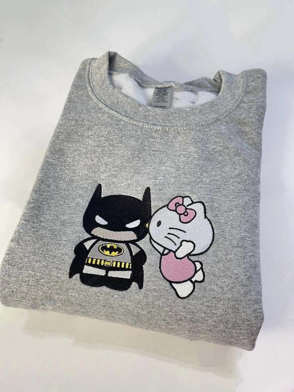 Halloween Kitten Kissing Super Bat Guy Embroidered Sweatshirt, Hello Couples Sweatshirt , Merch Sweater Hoodie Shirt