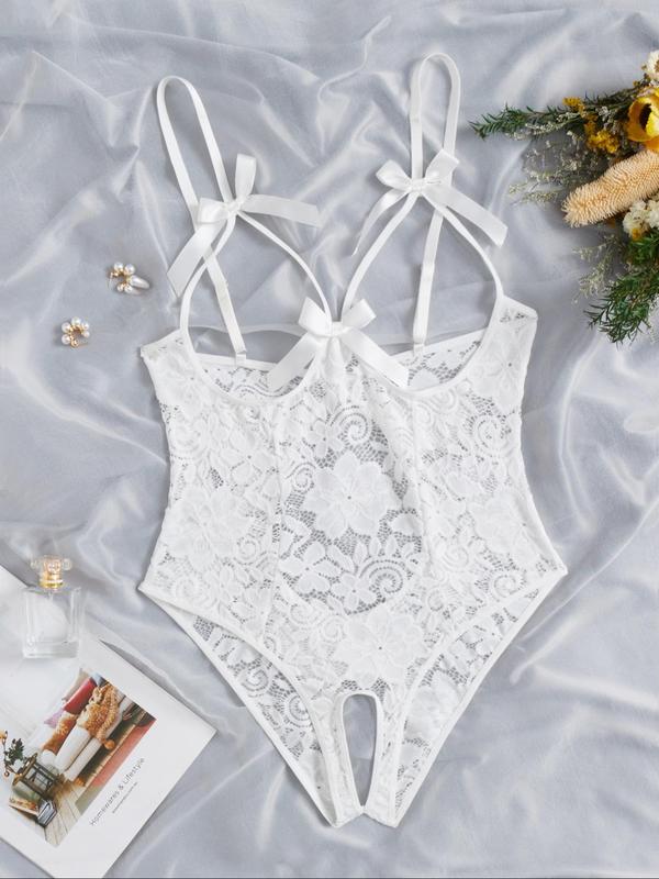  Bow Decor Cut Out Floral Lace Sexy Cami Bodysuit, Romantic Adjustable Strap Backless Sheer Bodysuit, Women's Lingerie & Underwear for All Seasons