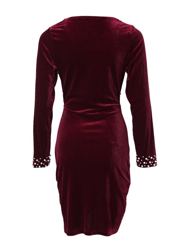 Women's Solid Faux Pearl Decor Ruched Wrap Velvet Dress, Elegant Deep V Neck Long Sleeve Short Dress for Party Club Dating Wear, Women's Dress for Fall & Winter