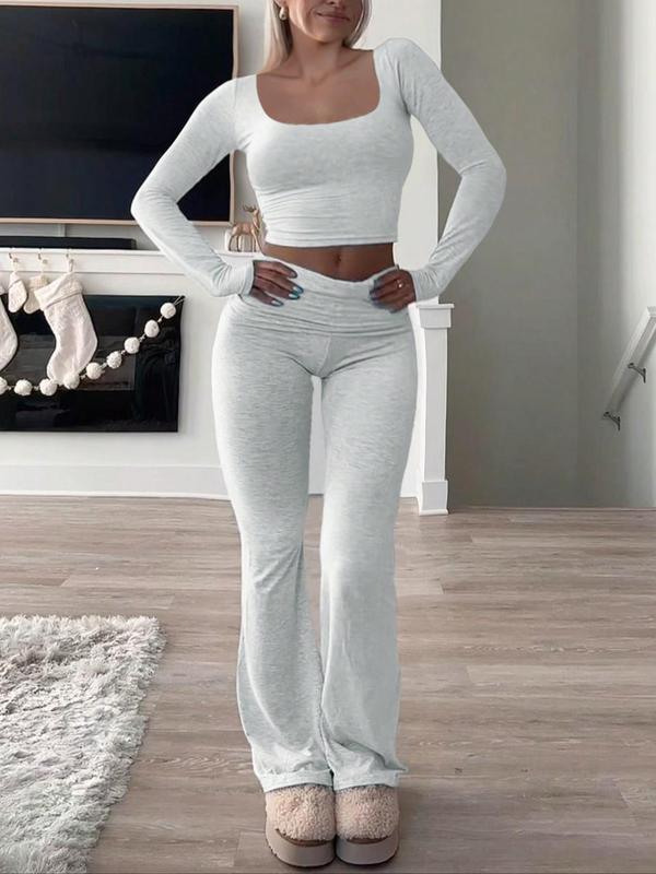 Two-Piece Set Women's Solid Square Neck Crop Top & Flare Leg Pants Pajama, Casual Comfy Long Sleeve Top & Bell Bottom Trousers Pj Set, Women's Sleepwear for Fall & Winter