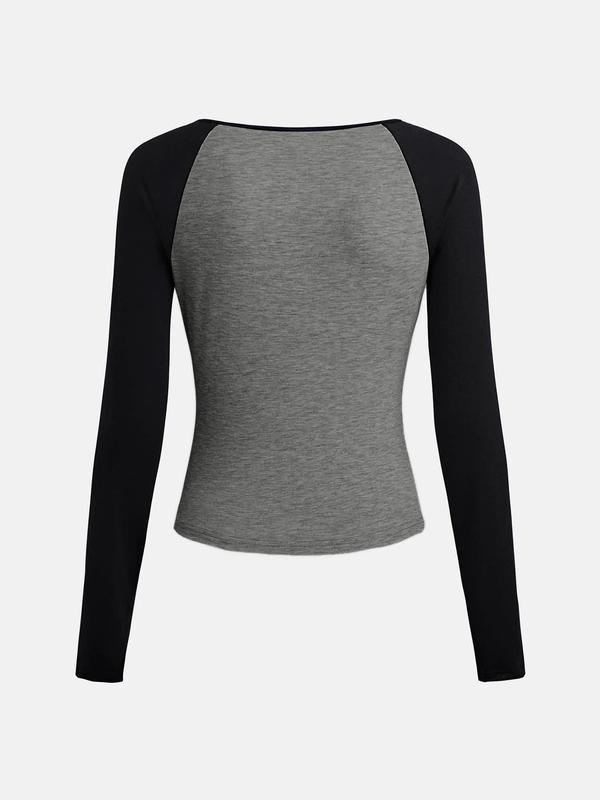 YOZY [4 colors] Colorblock Raglan Sleeve Tee, Casual Long Sleeve Round Neck T-shirt, 2024 Women's Daily Wear for Spring & Fall