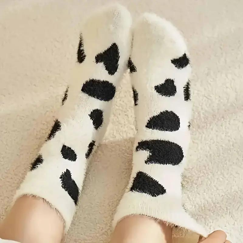 2 Pairs Cute Cow Spot Socks, Soft & Fuzzy Crew Mid Tube Socks, Women's Stockings & Hosiery Sports