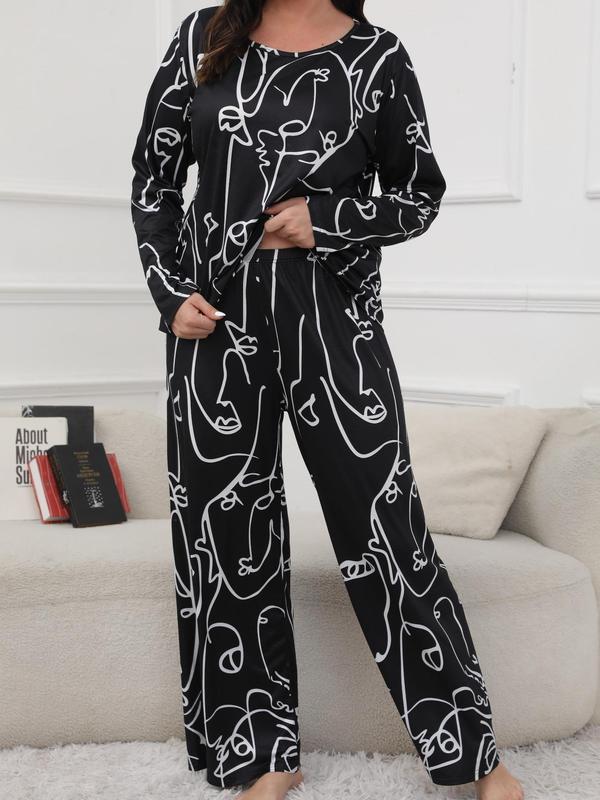 Plus Size Two-Piece Set Abstract Graphic Pyjama Set, Casual Comfy Long Sleeve Top & Trousers PJ Set for Home Wear, Women's Plus Size Sleepwear for Spring & Fall