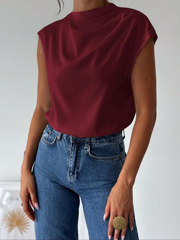 Women's Plain Asymmetrical Keyhole Neckline Blouse, Elegant Cap Sleeve Top for Work Office Business, Ladies Clothes for All Seasons