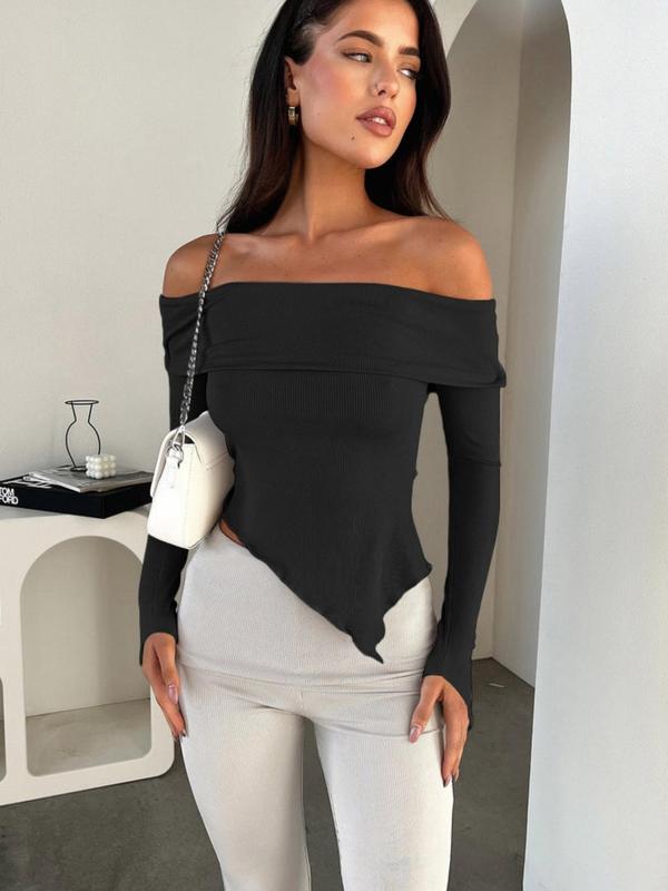 Women's Asymmetrical Hem Lettuce Trim Off Shoulder Tee, Solid Long Sleeve T-shirt for Spring, Fashion Casual Women's Top for Daily Wear